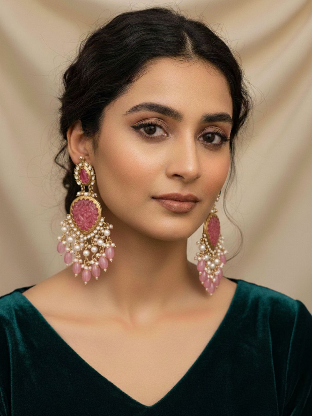 Ishhaara Pink Cutwork Chandbali Earrings