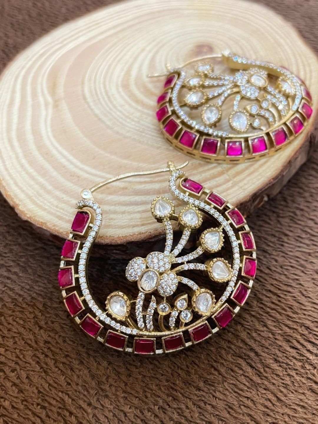 Ishhaara Pink Moissanite Polki Hoop Earrings