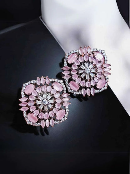 Ishhaara Pink Zircon Stone Studded Square Shaped Stud Earrings