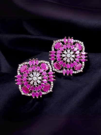 Ishhaara Pink Zircon Stone Studded Square Shaped Stud Earrings