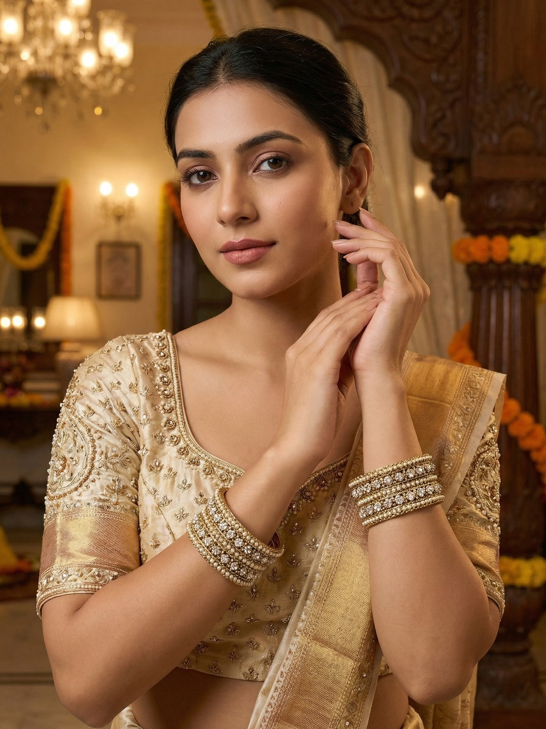 Ishhaara Polki Bangle Cuff with Kundan and Pearls — handcrafted Indian jewellery