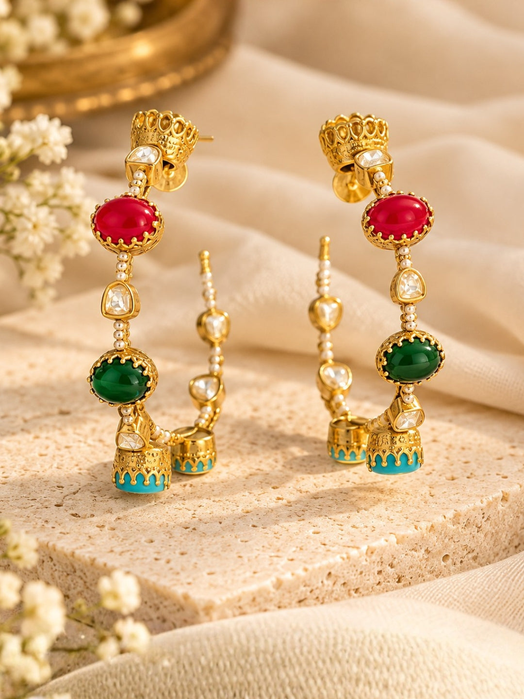Ishhaara Precious Stone Studed Hoop Earrings