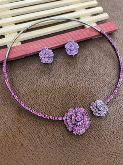 Ishhaara Purple Blooming Rose Diamond Hasli Set