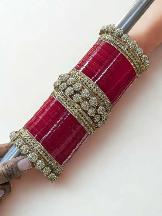 Ishhaara Red And Gold Bangles With Rhinestones And Pearls