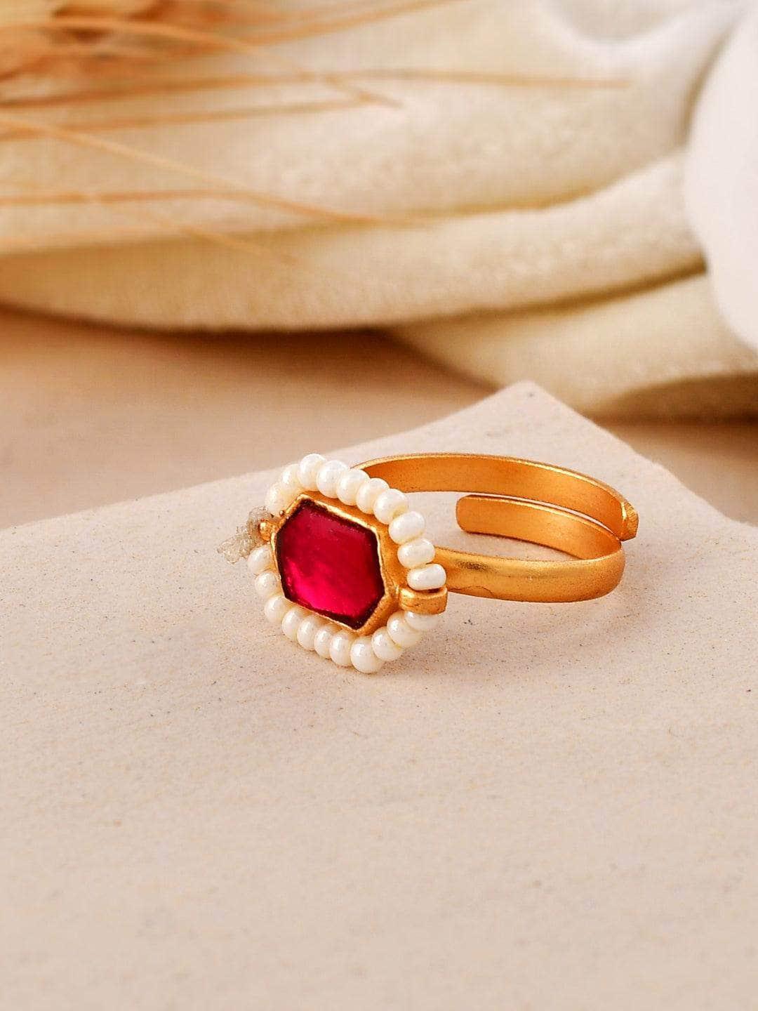 Ishhaara Oblong Kundan Pearl Ring Red