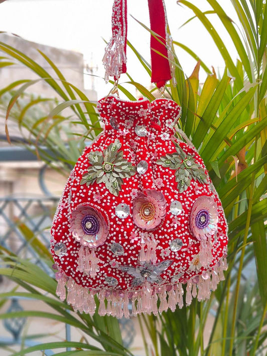 Ishhaara Red Spring Floral Sequins Potli