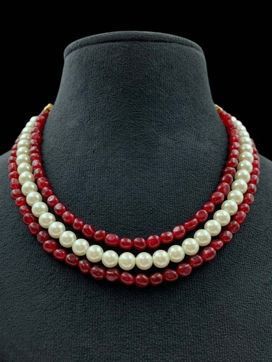 Ishhaara Red Triple Line Pearl Choker