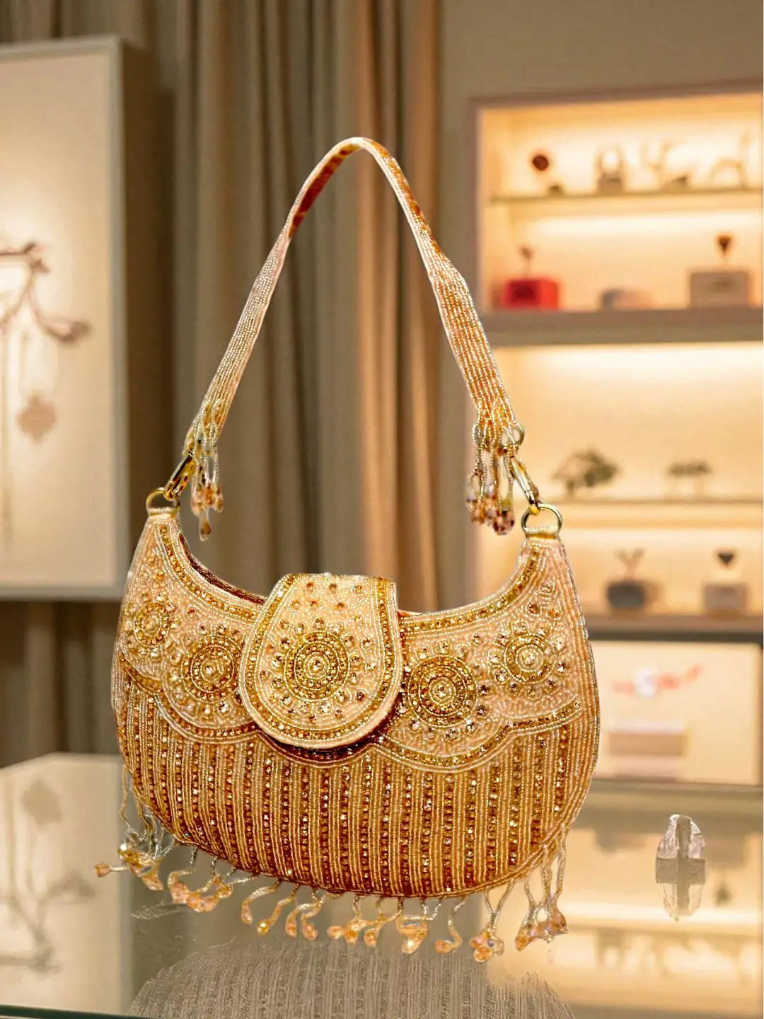 Ishhaara Rose Gold Kasturi Pearls Studded Diamond Crystal Flap Clutch