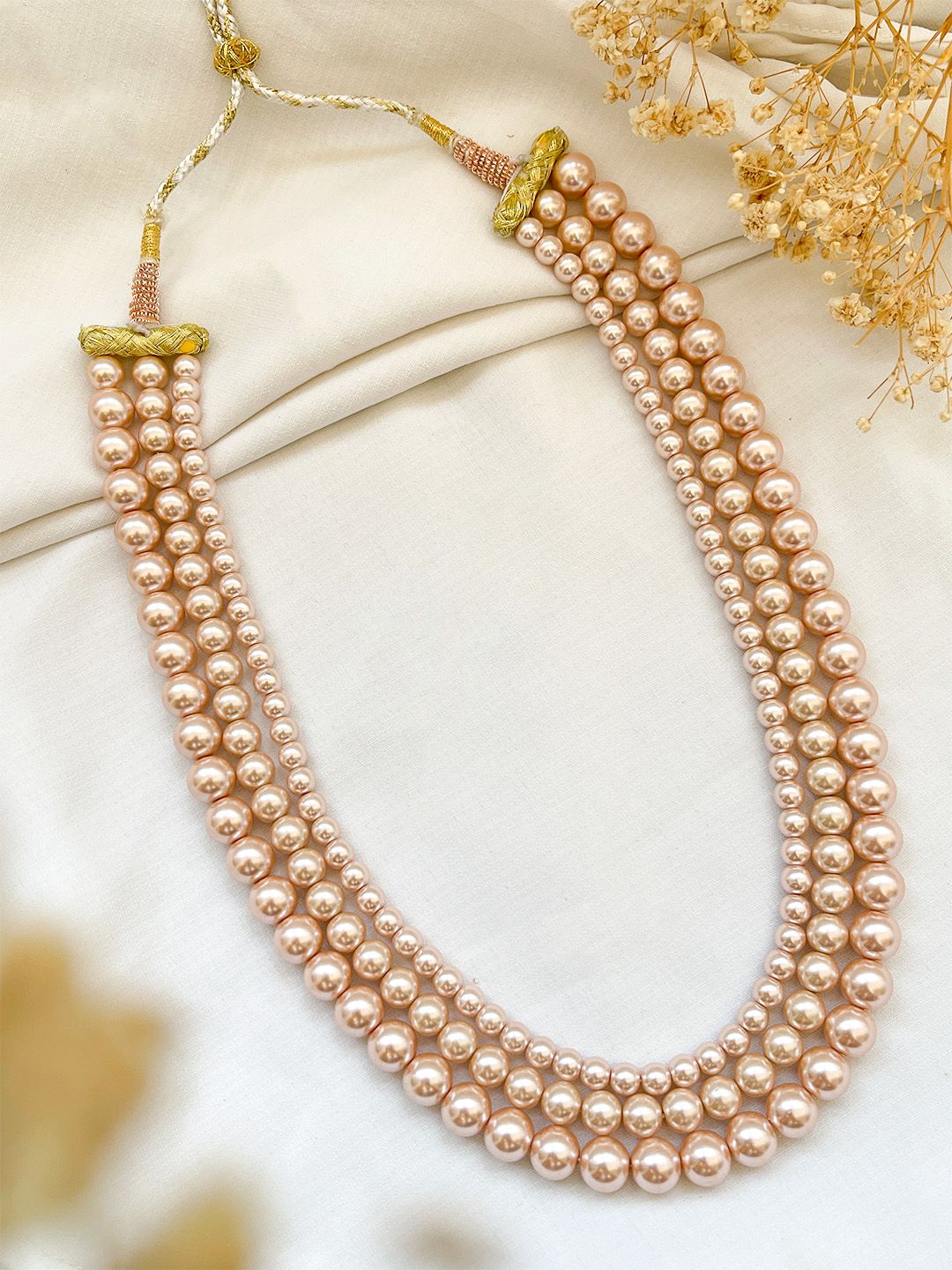 Ishhaara Rose Gold Triple Stranded Freshwater Pearl Necklace