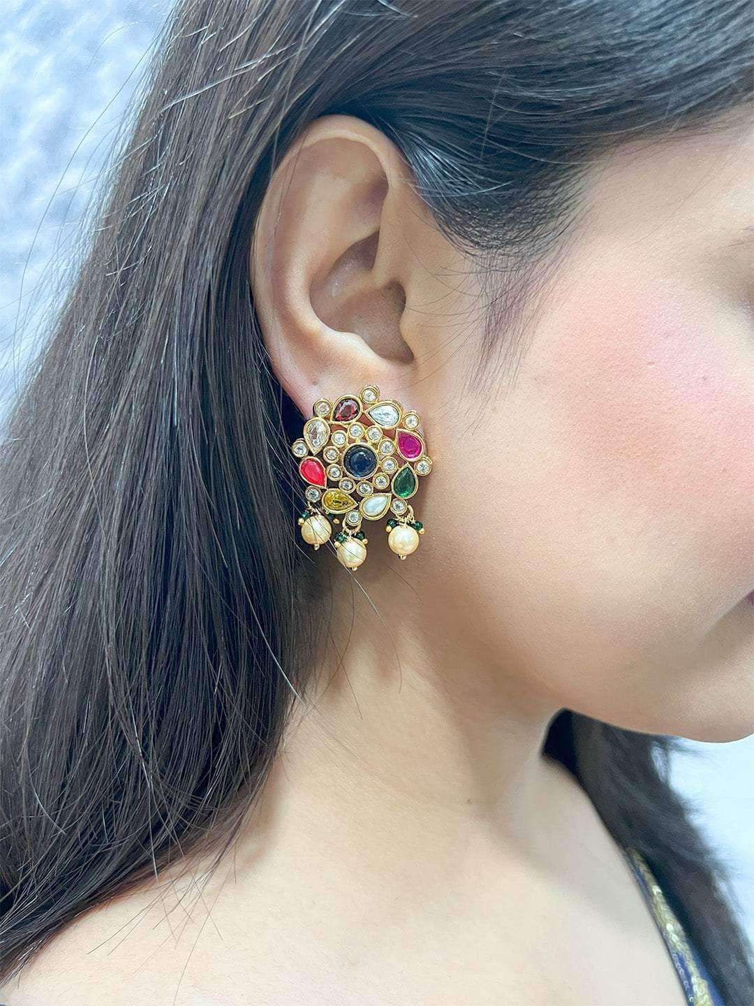Ishhaara Round Navratna Earrings