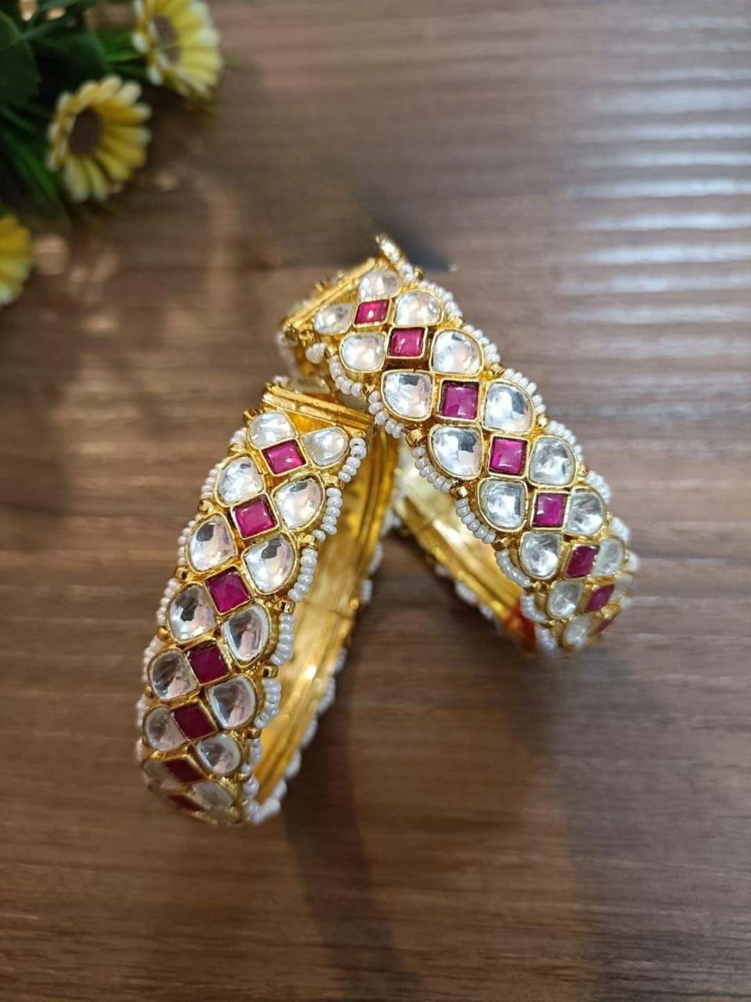 Ishhaara Ruby Kundan Polki Gold Plated Openable Bangles