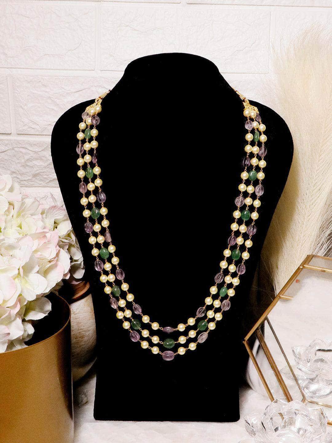 Ishhaara Semi Preciouse And Shell Pearl Triple Layered Haar