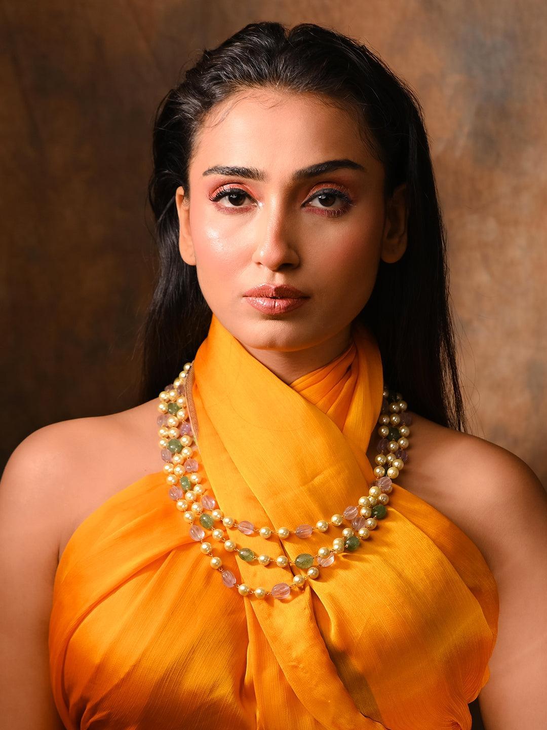 Ishhaara Semi Preciouse And Shell Pearl Triple Layered Haar