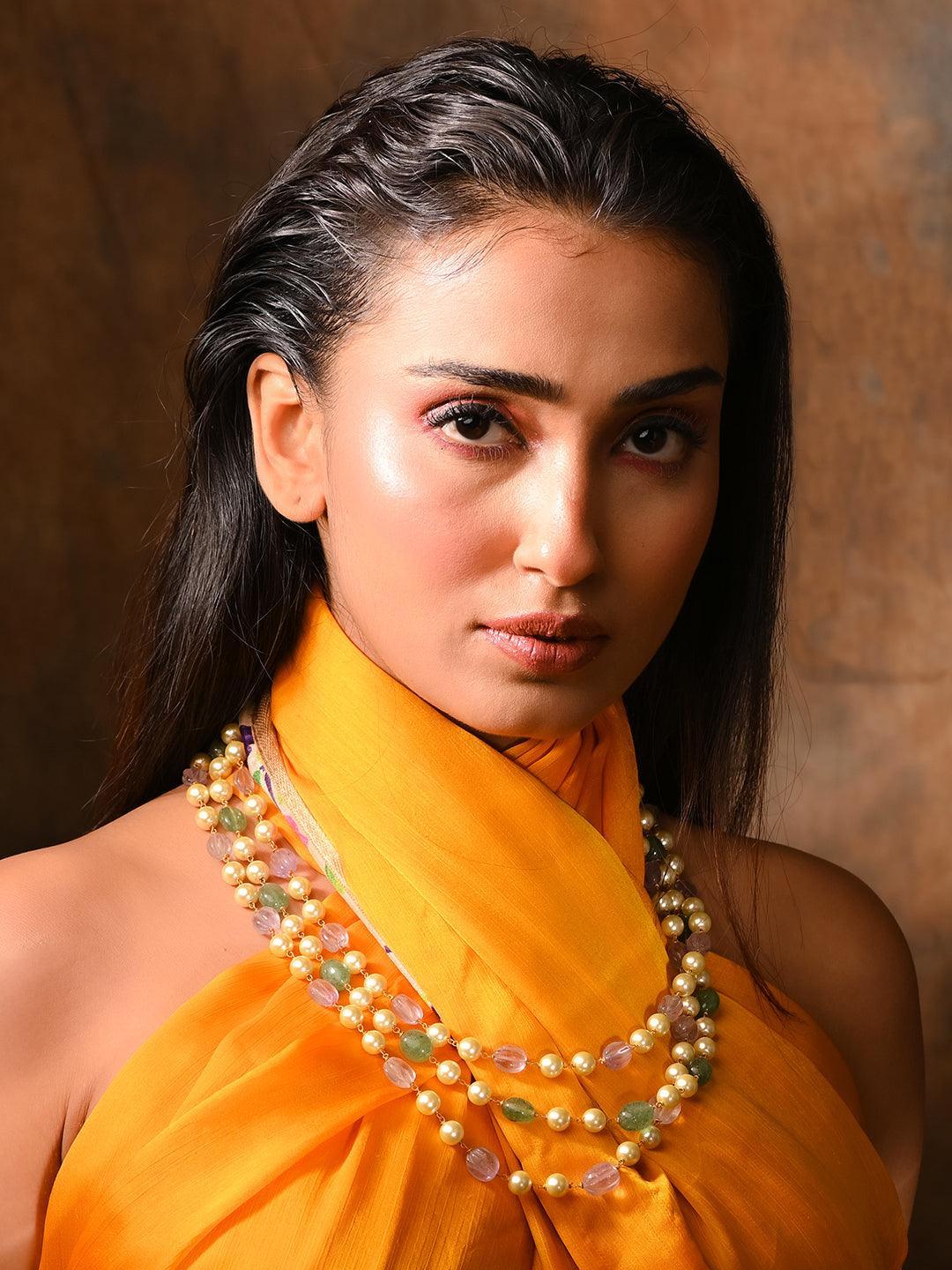 Ishhaara Semi Preciouse And Shell Pearl Triple Layered Haar