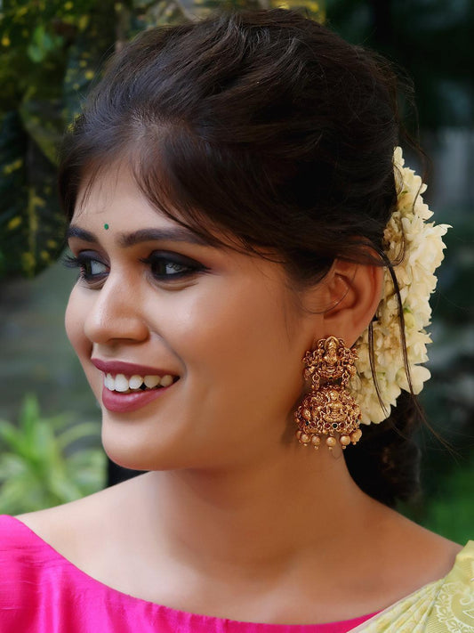 Ishhaara Temple Lakshmi Gold Bead Jhumkas