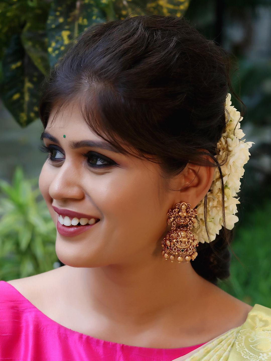 Ishhaara Temple Lakshmi Gold Bead Jhumkas
