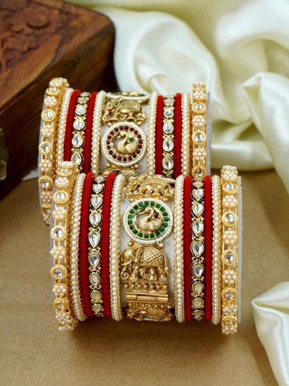 Ishhaara Traditional Gold Bangles with Kundan Stones - A pair of intricately designed gold bangles adorned with kundan stones and red velvet accents. - view 2