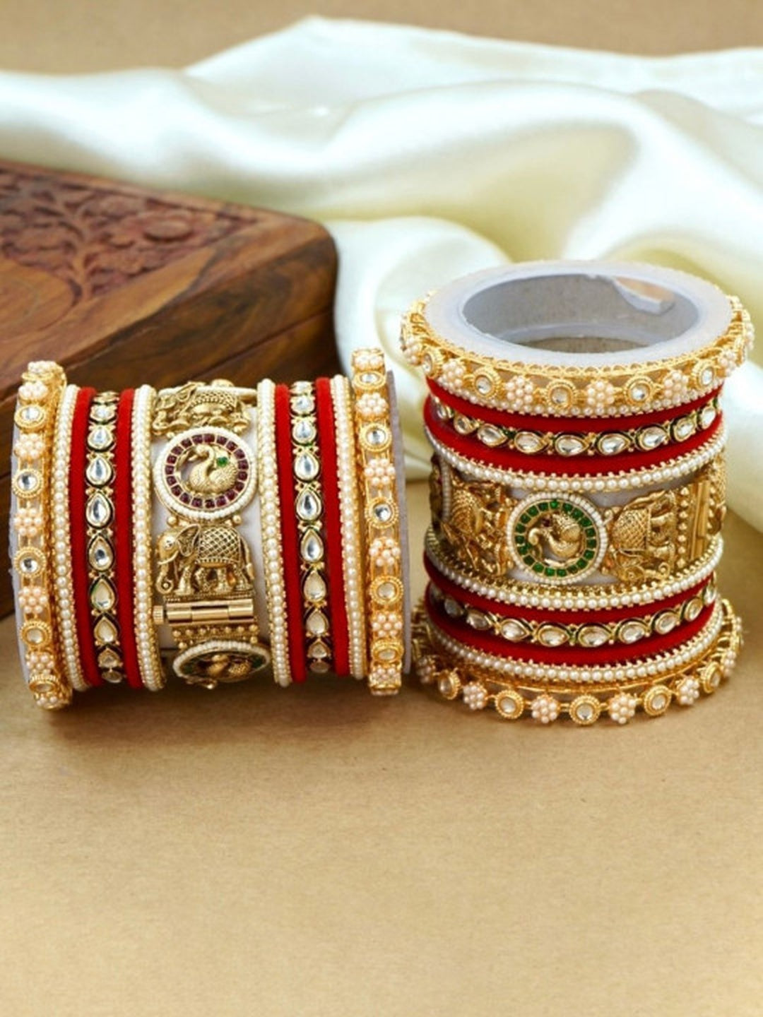 Ishhaara Traditional Gold Bangles with Kundan Stones - A pair of intricately designed gold bangles adorned with kundan stones and red velvet accents. - view 3