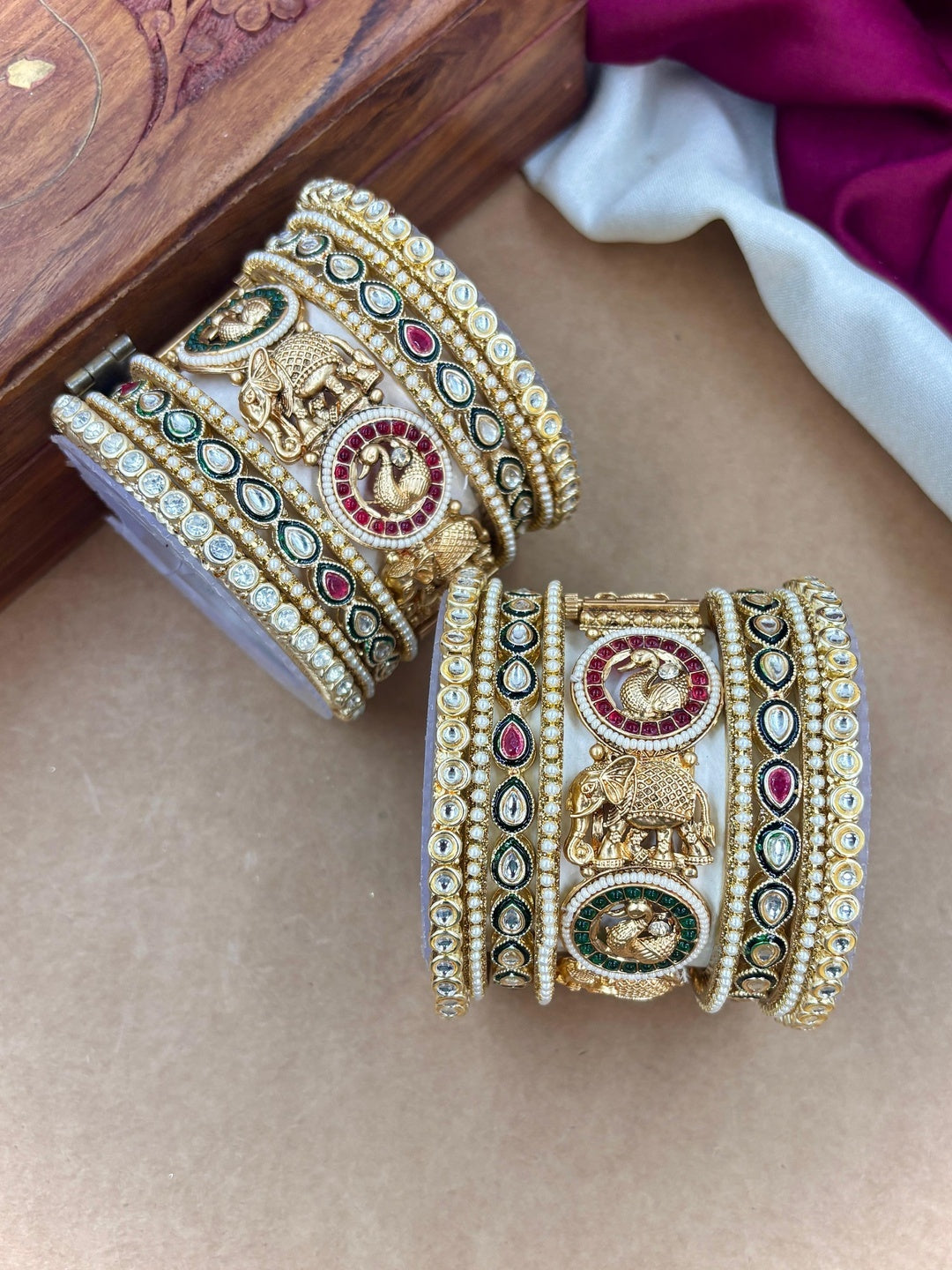 Ishhaara Traditional Gold Kundan Bangle with intricate designs and vibrant stones - view 2