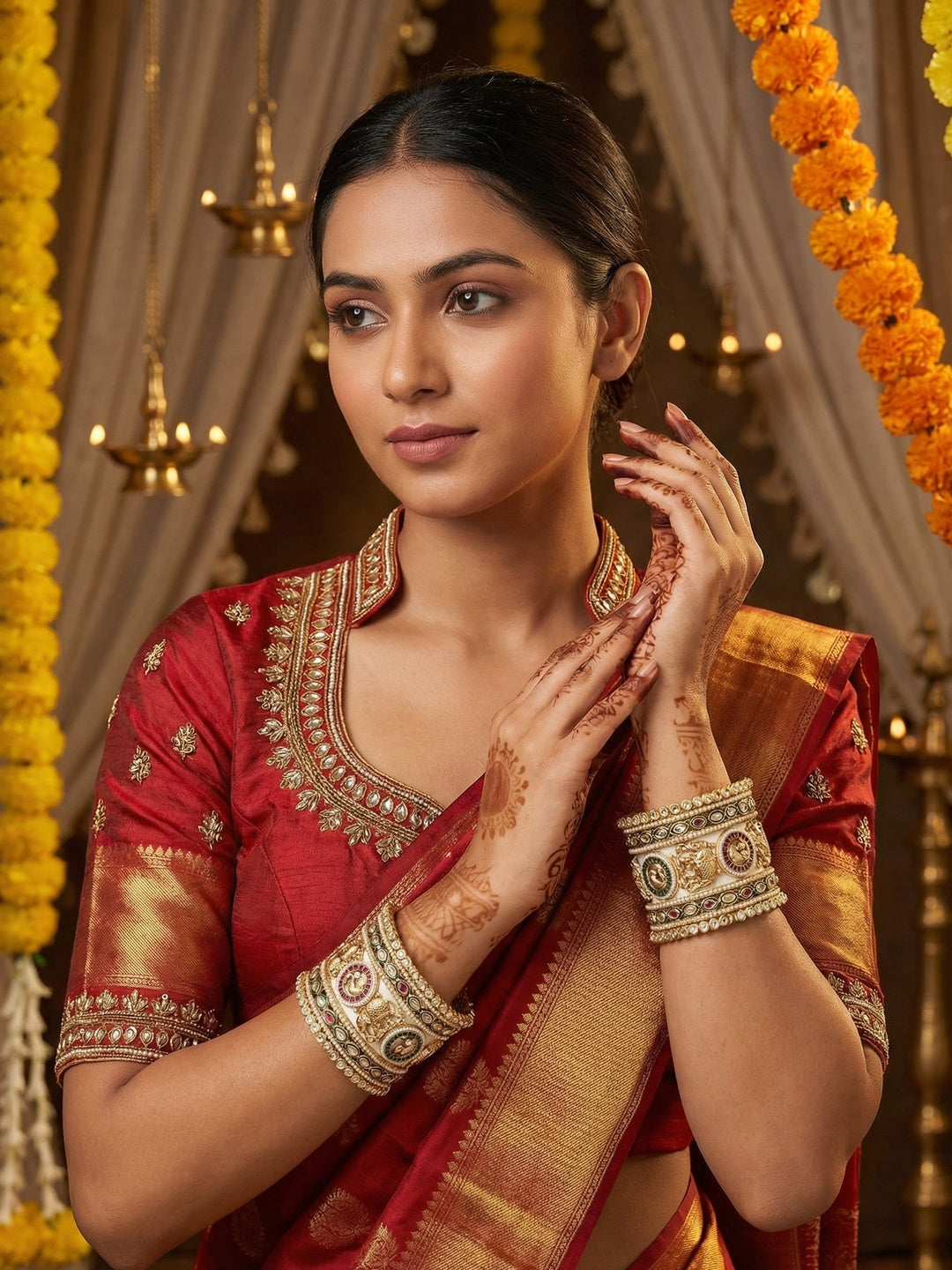 Ishhaara Traditional Gold Kundan Bangle with intricate designs and vibrant stones - view 3