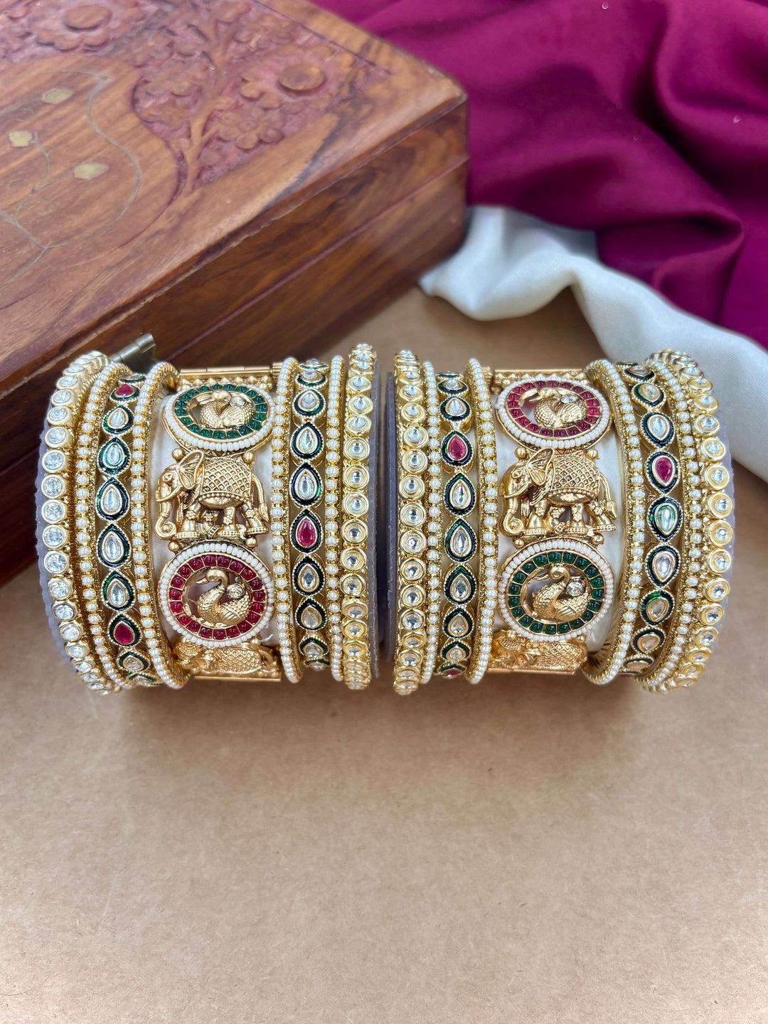 Ishhaara Traditional Gold Kundan Bangle with intricate designs and vibrant stones - view 5