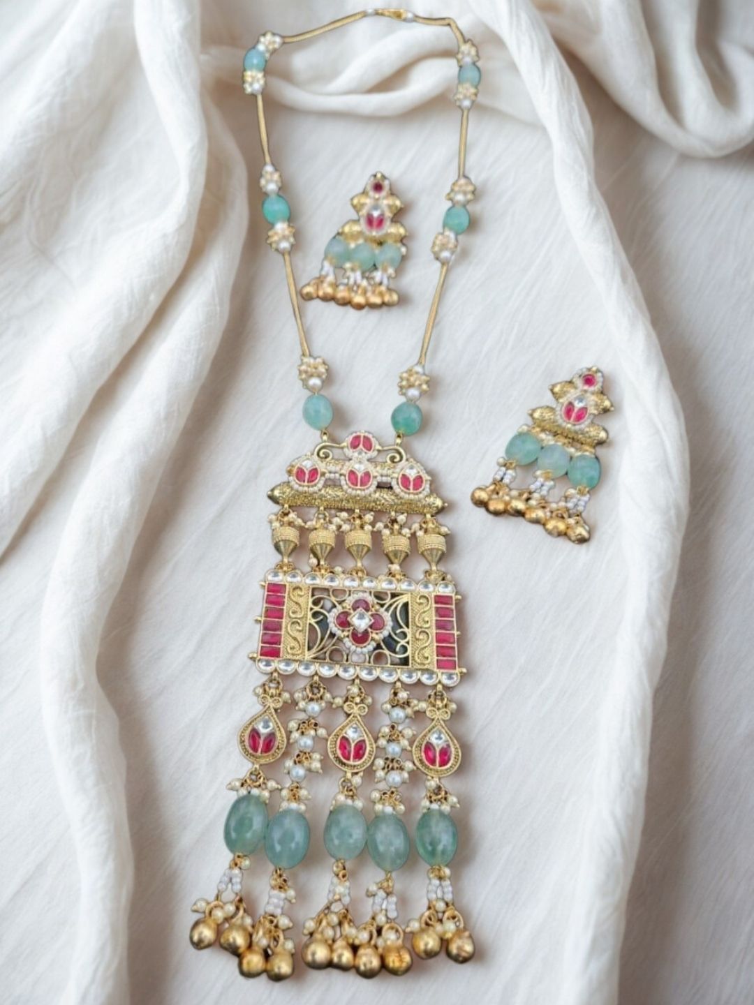 Ishhaara Traditional Long Antique Gold Pendant Necklace Set