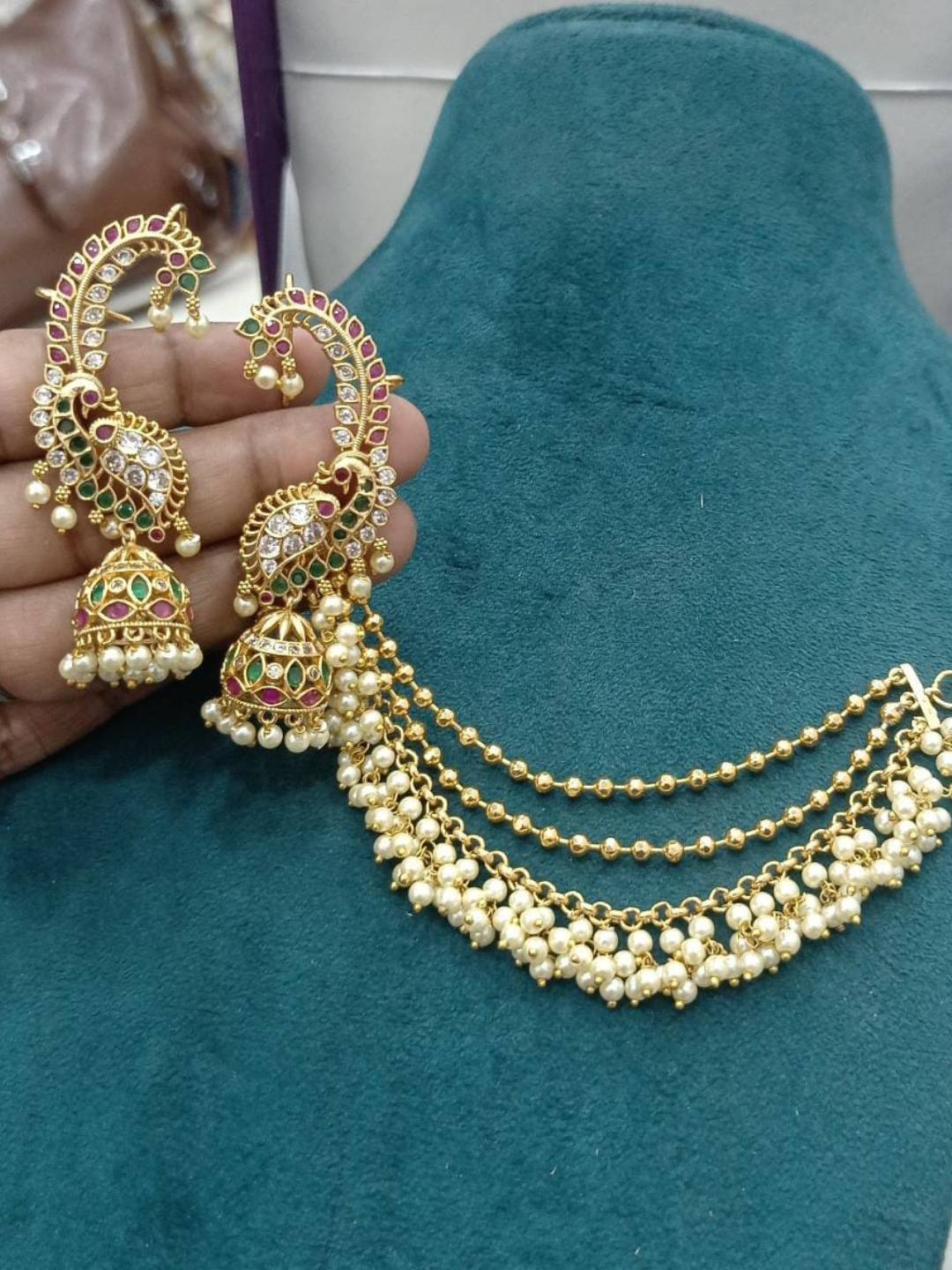 Ishhaara Traditional Peacock Shaped Earcuff Earrings With Earchains