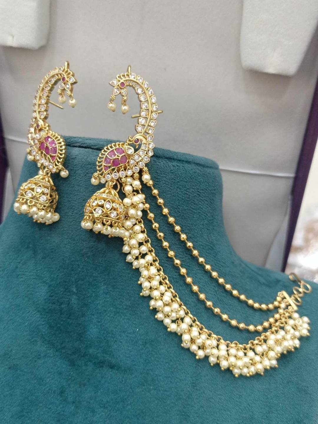 Ishhaara Traditional Peacock Shaped Earcuff Earrings With Earchains