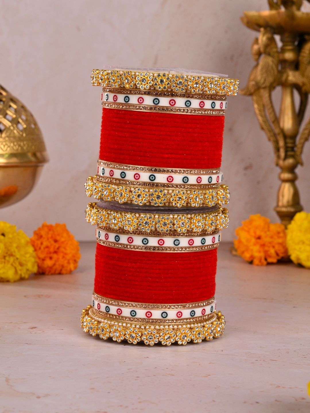 Ishhaara Traditional Red Velvet Chooda With Pearl Kada