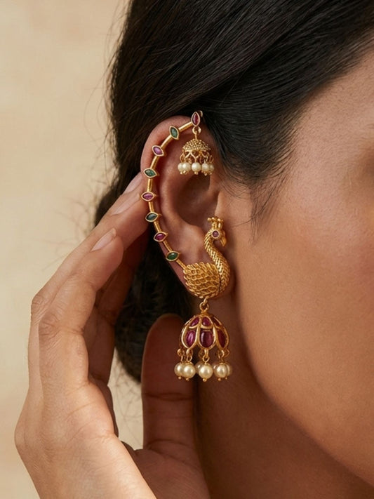 Ishhaara Trendy Ruby Peacock Ad Earcuff Jhumkas
