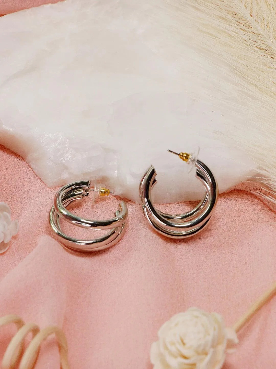 Ishhaara Triple Hoop Earrings Silver