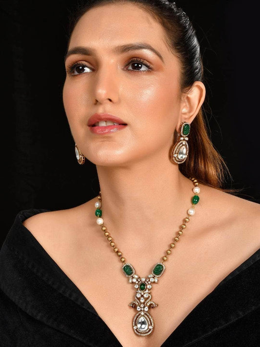 Ishhaara Victorian Long Polki Necklace Set Green
