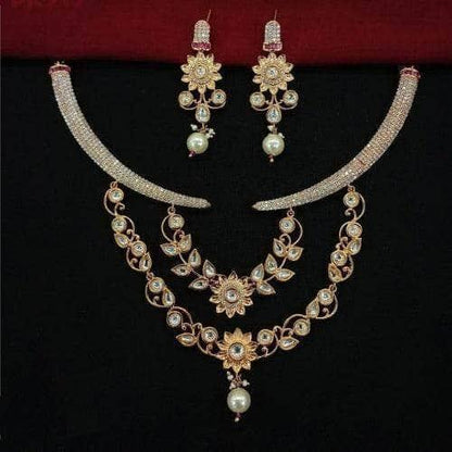 Ishhaara Ad Stone Kundan Leaf Necklace Set