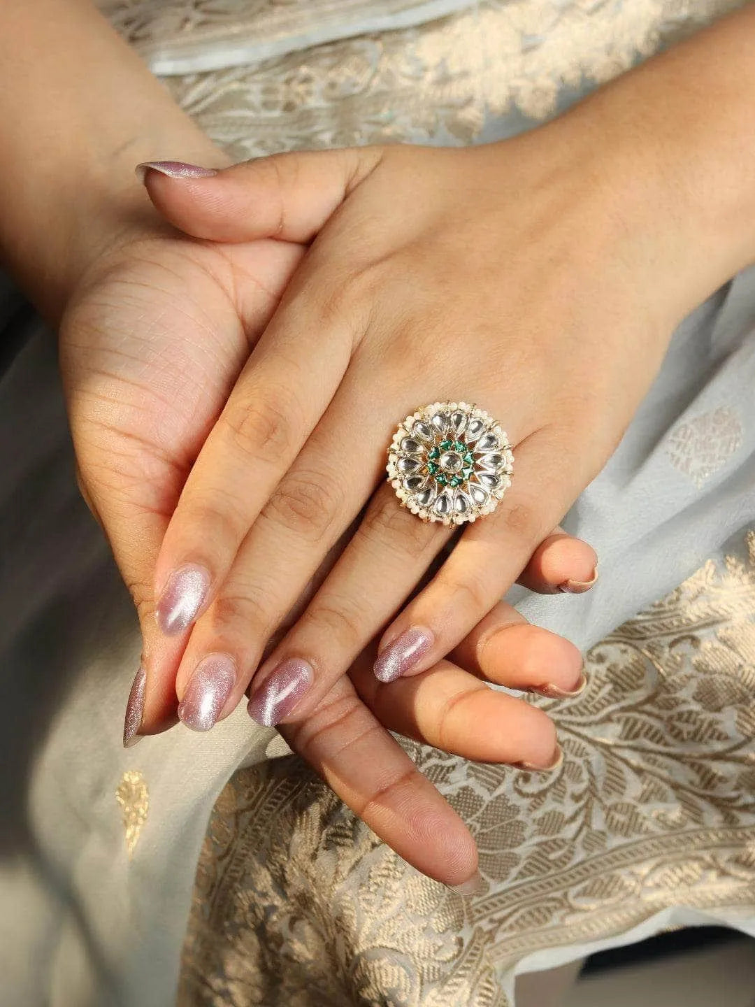 Ishhaara White And Green Kundan Ring