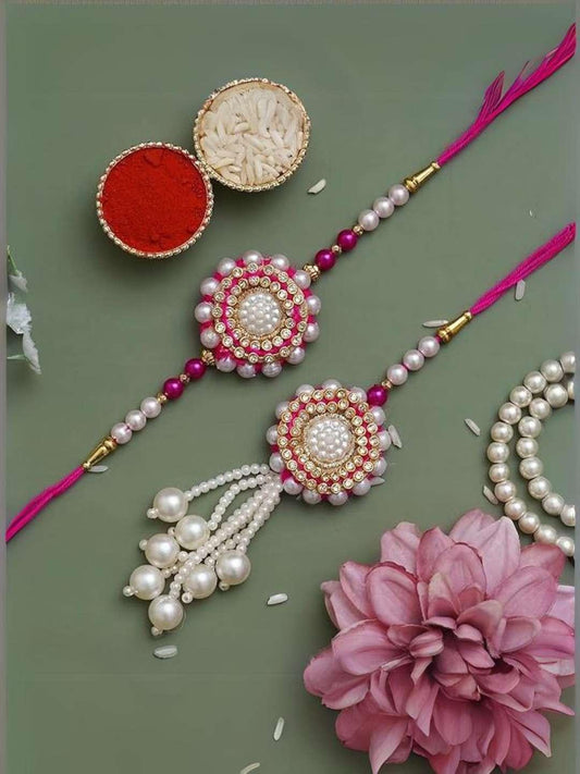 Ishhaara White And Pink Beautiful Floral Designer Bhaiya Bhabhi Rakhi Set