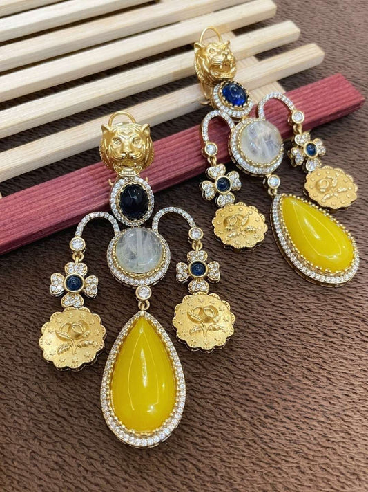 Ishhaara Yellow Luxury Panther Head Statement Earrings