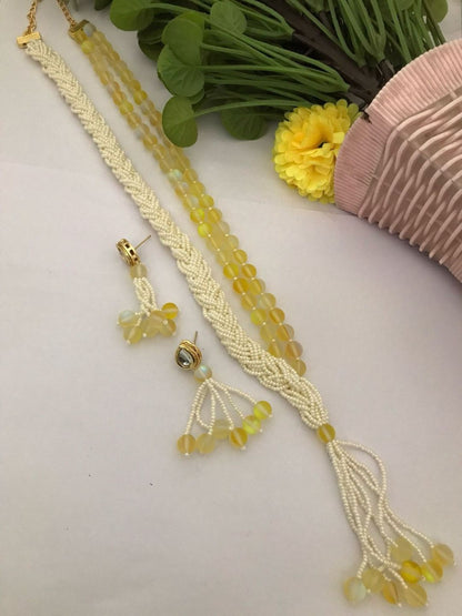 Ishhaara Yellow Multi Layered Pearl Embedded Necklace Set